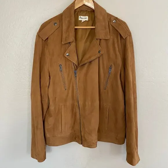 Open Edit Leather Suede Moto Biker Jacket Mens Size XL Camel Coat Spring Brown - Picture 2 of 7